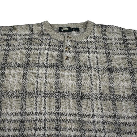 Vintage beige/gray plaid button neck sweater men's size large preppy grandpa - Picture 2 of 7